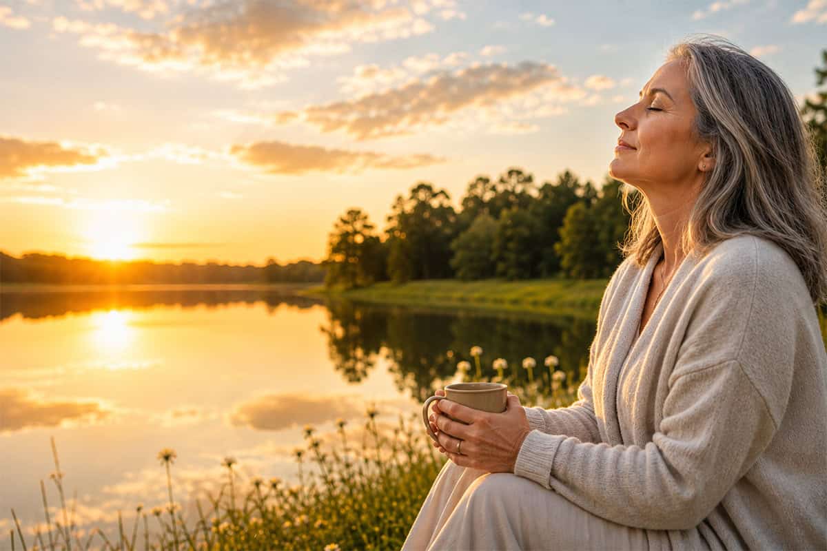 A relaxed woman sitting by a quiet lake at sunrise, representing balancing hormones for better sleep.